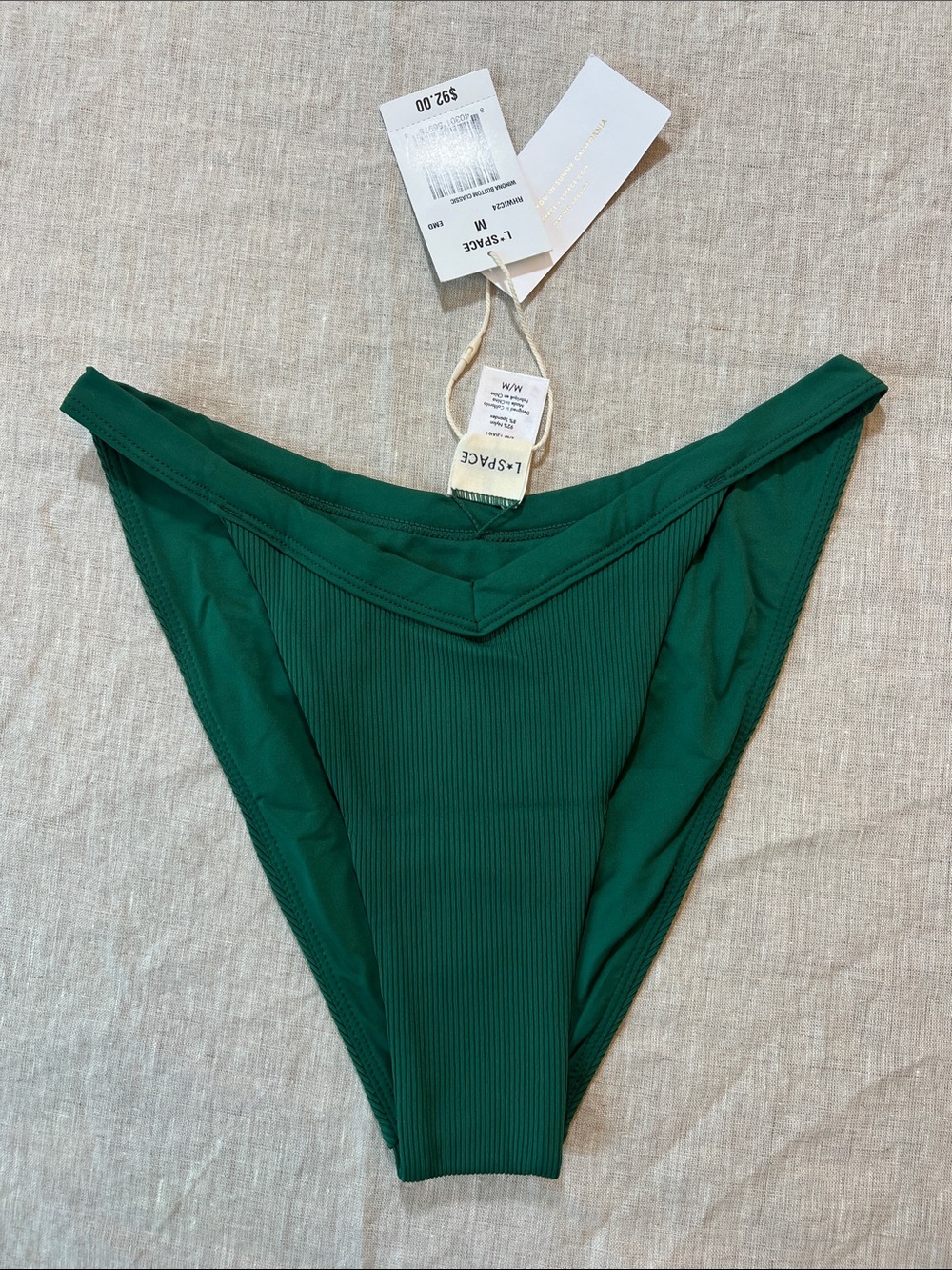 l*space Emerald Green Ribbed High-Cut Winona Bikini Bottom. Size M. NWT